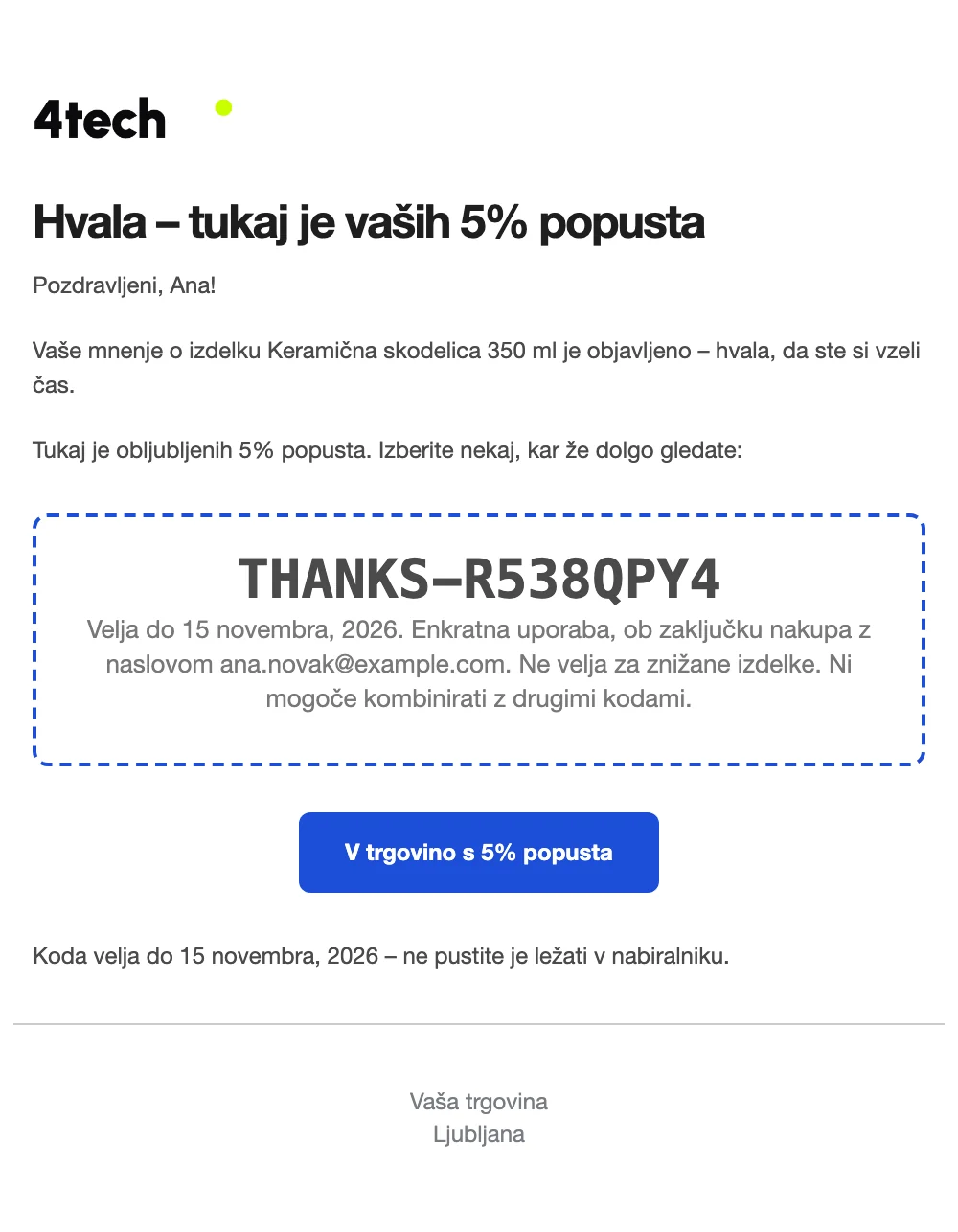Primer e-pošte Review Rewards: zahvala za mnenje s kodo za 5 % popusta