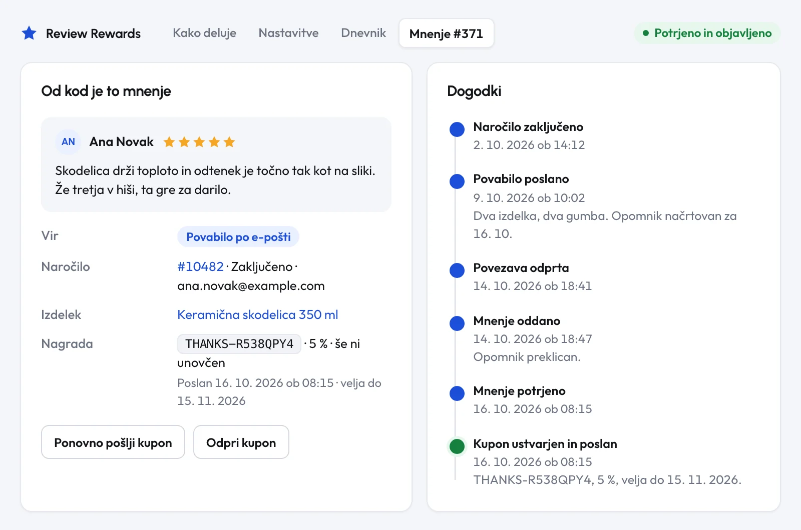 Okno Review Rewards pri mnenju: vir, naročilo, izdelek, kupon THANKS-R538QPY4 in časovnica dogodkov od naročila do kupona