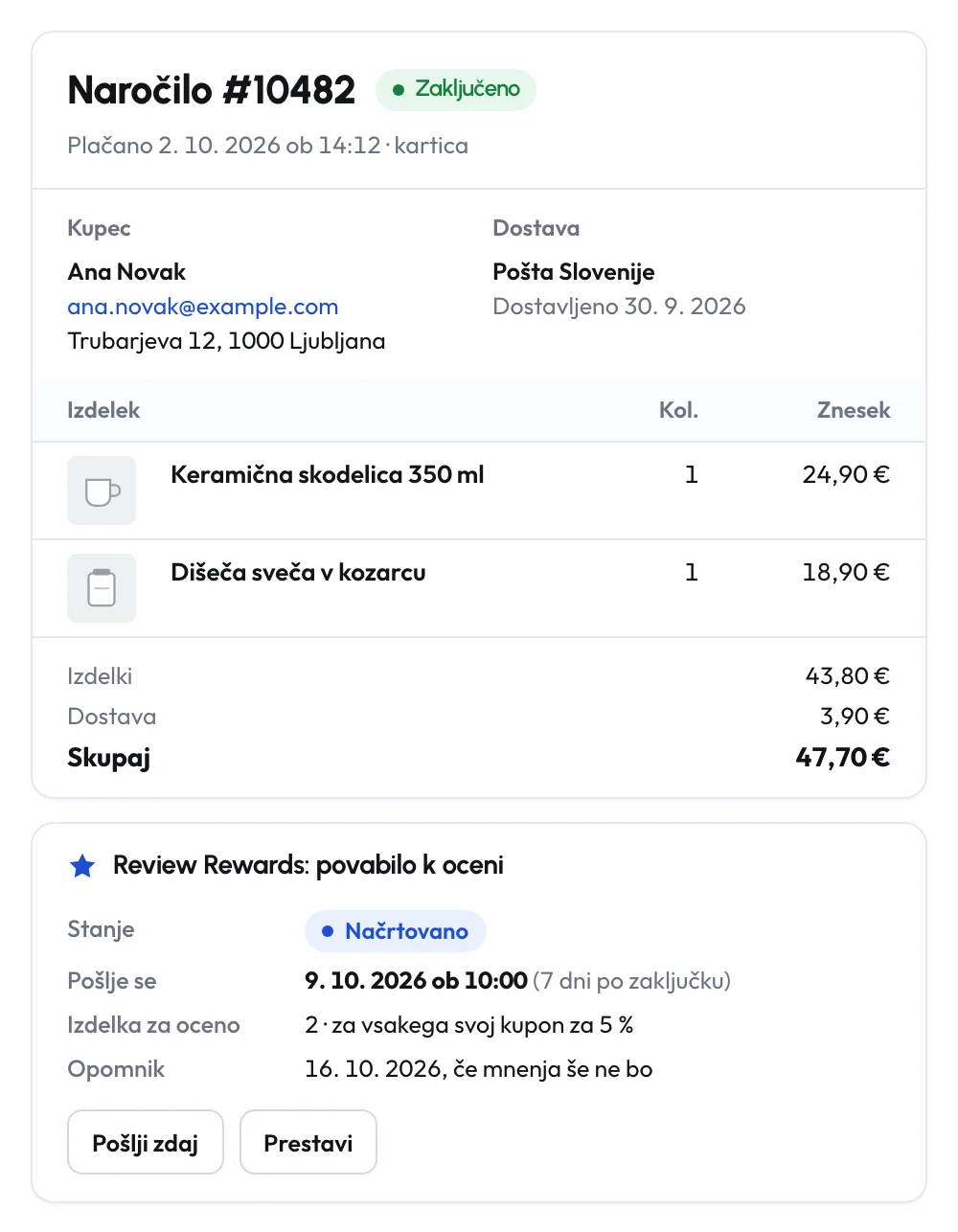 Naročilo #10482 s statusom Zaključeno, dva izdelka in okno Review Rewards z načrtovanim povabilom k oceni čez 7 dni