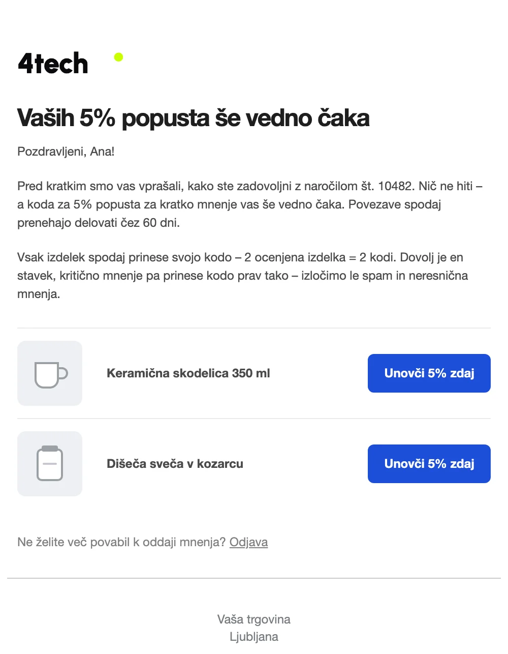 Primer e-pošte Review Rewards: opomnik z rokom veljavnosti povezav