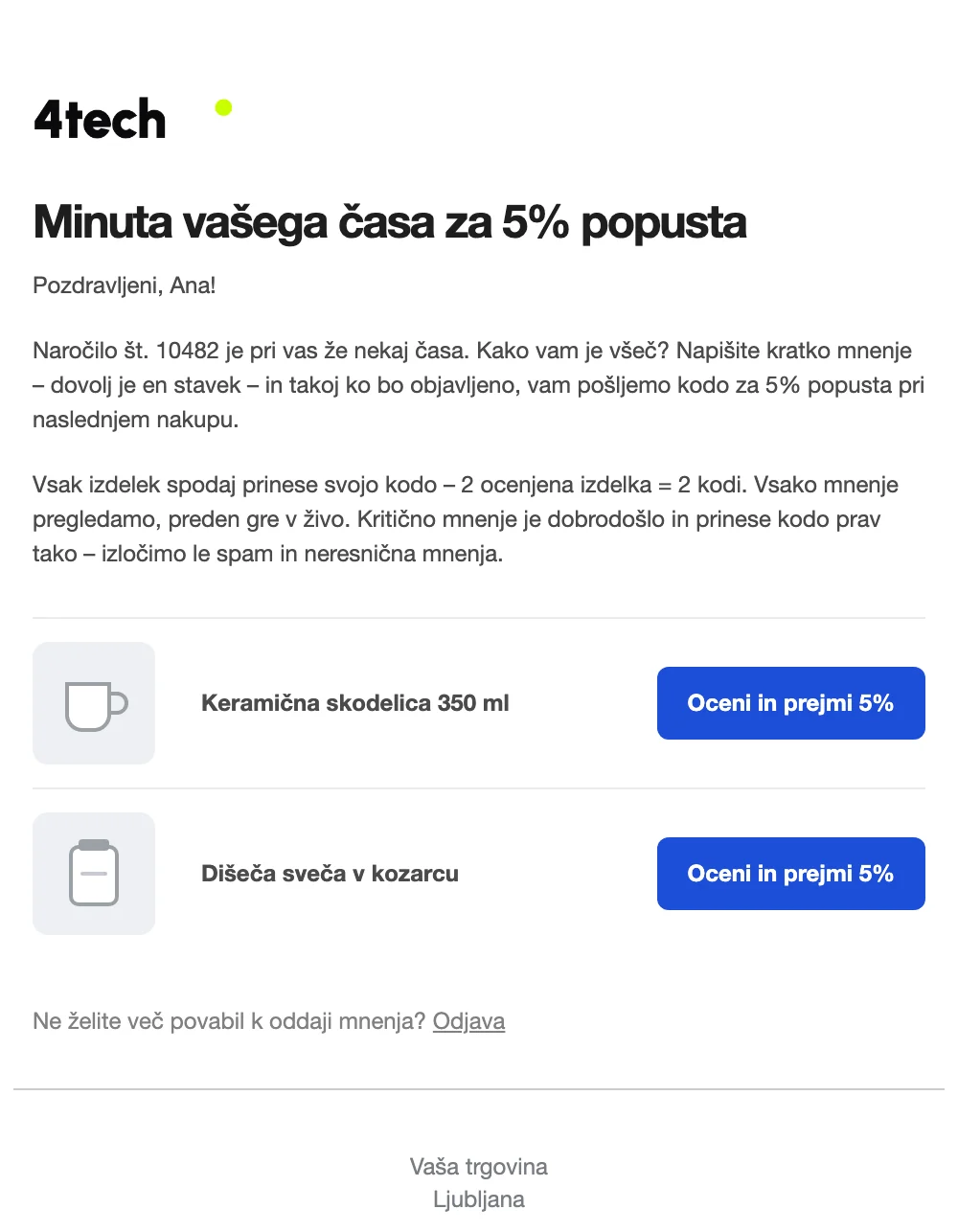Primer e-pošte Review Rewards: povabilo k oceni z gumbom za vsak izdelek