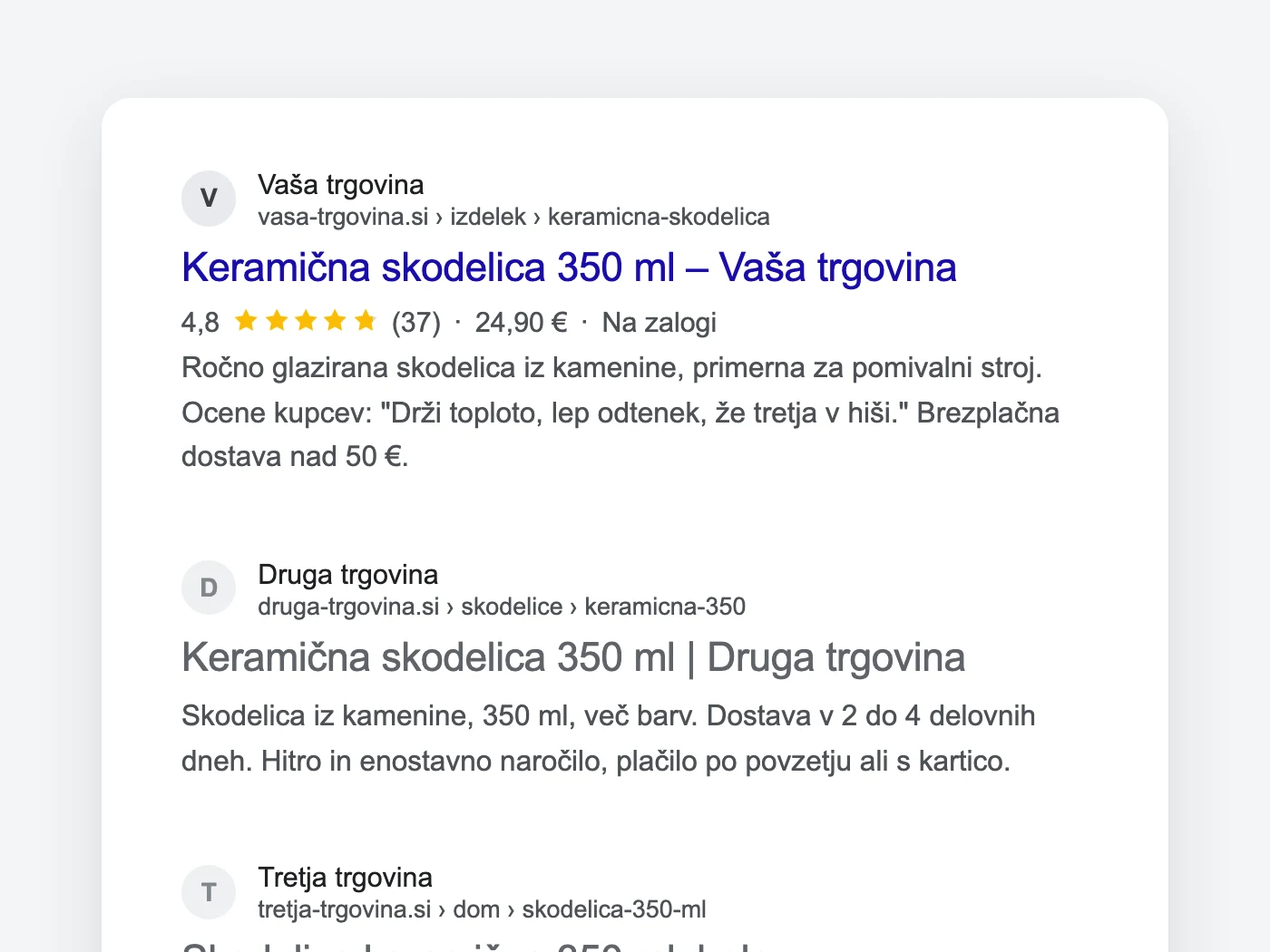 Prikaz, kako se izdelek z ocenami lahko pokaže med Googlovimi zadetki z zvezdicami, pod njim zadetka brez zvezdic